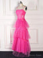 Hot Pink Tulle Spaghetti Straps Tiers Prom Dress