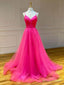 Hot Pink V Neckline Straps Cross Back Prom Dress, Tulle Long Prom Dresses