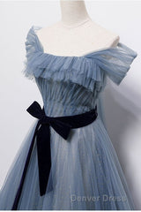 Blue Off the Shoulder Tulle Long Prom Dresses with Sash, Sparkly Formal Gown