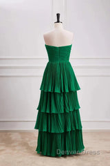 Hunter Green A-Line Chiffon Strapless Layers Long Prom Dresses Formal Evening Dresses