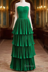 Hunter Green A-Line Chiffon Strapless Layers Long Prom Dresses Formal Evening Dresses