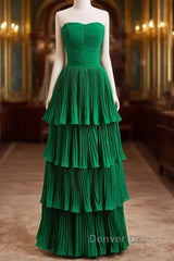 Hunter Green A-Line Chiffon Strapless Layers Long Prom Dresses Formal Evening Dresses