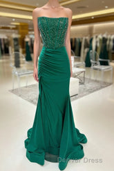 Hunter Green Mermaid Strapless Beaded Pleated Long Prom Dresses