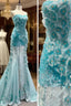 Ice Blue Ombre Mermaid Strapless Chiffon Long Wedding Dress With Appliques And Beading Prom Dresses