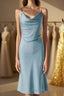 Ice Blue Cowl Neck Mid Calf Length Bridesmaid Dresses