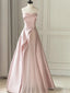 Pink Sleeveless Satin A Line Floor Length Prom Dresses Slit with Tulle Strapless