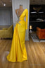Illusion neck Bright Yellow One shoulder Bubble Sleeves Prom Dresses
