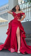 Illusion Off The Shoulder Red Floral Beaded Prom Dresses