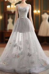 Illusion Tulle Short A-Line Gray Prom Dresses,
