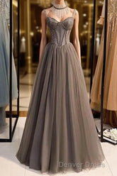 A-Line Prom Dresses Open Back Dresses Formal Wedding Party Floor Length Sleeveless Spaghetti Strap Tulle with Pleats