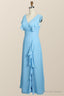 Blue Chiffon Ruffles Long Bridesmaid Dresses