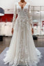 Ivory A Line Tulle Long Sleeves Lace Appliques Open Back Wedding Dresses