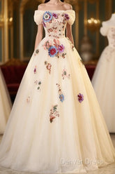 Ivory Ball Gown With Flowers Sweetheart Formal Dresses, Lovely Sweet 16 Dresses Party Dresses