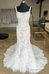 Ivory Floral Lace Square Neck Ruffles Long Wedding Gown Beautiful