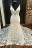 Ivory Floral Lace V Neck Mermaid Long Wedding Dresses Bridal Gowns