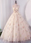 Ivory Floral Tulle Ball Gowns Straps Sweet 16 Dress, Ivory Long Prom Dress