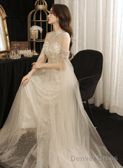 Ivory High Neckline Beaded Tulle A-Line Long Party Dress, Ivory Tulle Prom Dress