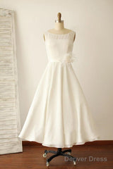 Ivory Illusion Boat Neck Tea Length Sleeveless Wedding Dresses