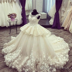 Ivory Lace Flowers Beaded Scoop Neckline Ball Gowns Wedding Dresses