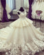Ivory Lace Flowers Beaded Scoop Neckline Ball Gown Wedding Dresses