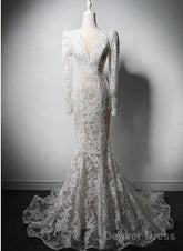 Ivory Lace Mermaid Long Sleeves Formal Dress, Lace Wedding Party Dress