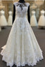 Ivory Lace Round Neck Cap Sleeve Sweep Train Custom Size Wedding Dress, Prom Dresses