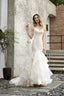 Ivory Mermaid Tulle Lace Appliques V Neck Wedding Dresses with Cascading Ruffles