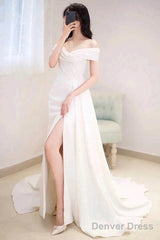 Ivory Off The Shoulder Satin Wedding Dress With Slit