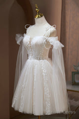 Ivory Off-The-Shoulder Spaghetti Strap Lace Knee Length Prom Dress