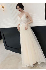 Ivory Organza Straps Lace Long A-Line Junior Prom Dress, Beautiful Long Party Dresses