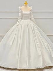 Ivory Satin Long Sleeve Square Pearls Wedding Dress
