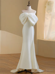 Ivory Satin Off the Shoulder Bow Wedding Dress
