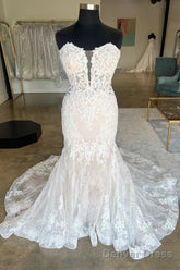 Ivory Strapless Floral Lace Trumpet Long Bridal Gown Wedding Dresses