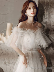 Ivory Sweetheart Neck Tulle Lace Long Prom Dress, Tulle Formal Party Dress