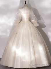 Ivory Tulle Ball Gown Long Sweet 16 Dress, Ivory Long Sleeves Party Dress Prom Dress