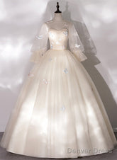 Ivory Tulle Ball Gown Long Sweet 16 Dress, Ivory Long Sleeves Party Dress Prom Dress