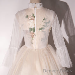 Ivory Tulle High Neckline Long Party Dress With Lace Applique, Ball Gown Sweet 16 Dresses