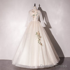 Ivory Tulle High Neckline Long Party Dress With Lace Applique, Ball Gown Sweet 16 Dresses