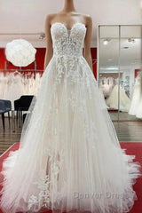 Ivory Tulle Lace Wedding Dresses A-Line Sweetheart Bridal Dresses With Sweep Train Off Shoulder