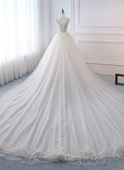 Ivory Tulle With Lace Long Wedding Party Dresses With Sweep Train, Ivory Formal Dresses