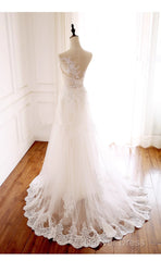 Ivory Tulle With Lace Round Neckline Long Wedding Party Dresses, Ivory Tulle Prom Dresses