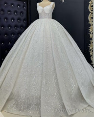 Ivory V-Neck Sparkly Wedding Ball Gown Dress