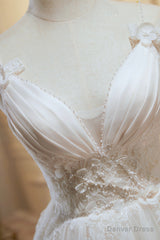 Ivory V Neck Tulle Lace Knee Length Prom Dress, Cute A-Line Homecoming Dress