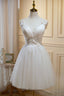Ivory V Neck Tulle Lace Knee Length Prom Dress, Cute A Line Homecoming Dresses