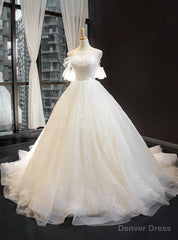 Ivory White Tulle Backless Appliques Wedding Dress With Train