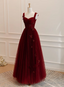 A Line Tulle Long Prom Dress Wine Red Prom Dresses