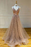 Sparkly Spaghetti Straps V Neck Lace Appliques Prom Dress, Long Prom Dresses