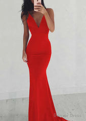 Jersey Prom Dresses Sheath/Column V-Neck Sweep Train With Pleated