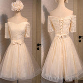 Junior Off Shoulder Half Sleeve Sweetheart Lace Up Back Organza Full Lace Knee Length Homecoming Dress