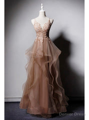 Khaki Tulle Spaghetti Straps Appliques Beading Prom Dress